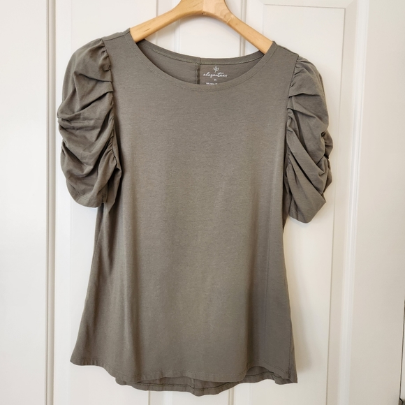 Elegant Tees Top Olive Green Ruched Sleeves Short Sleeve Scoop Neck Large - Picture 3 of 12